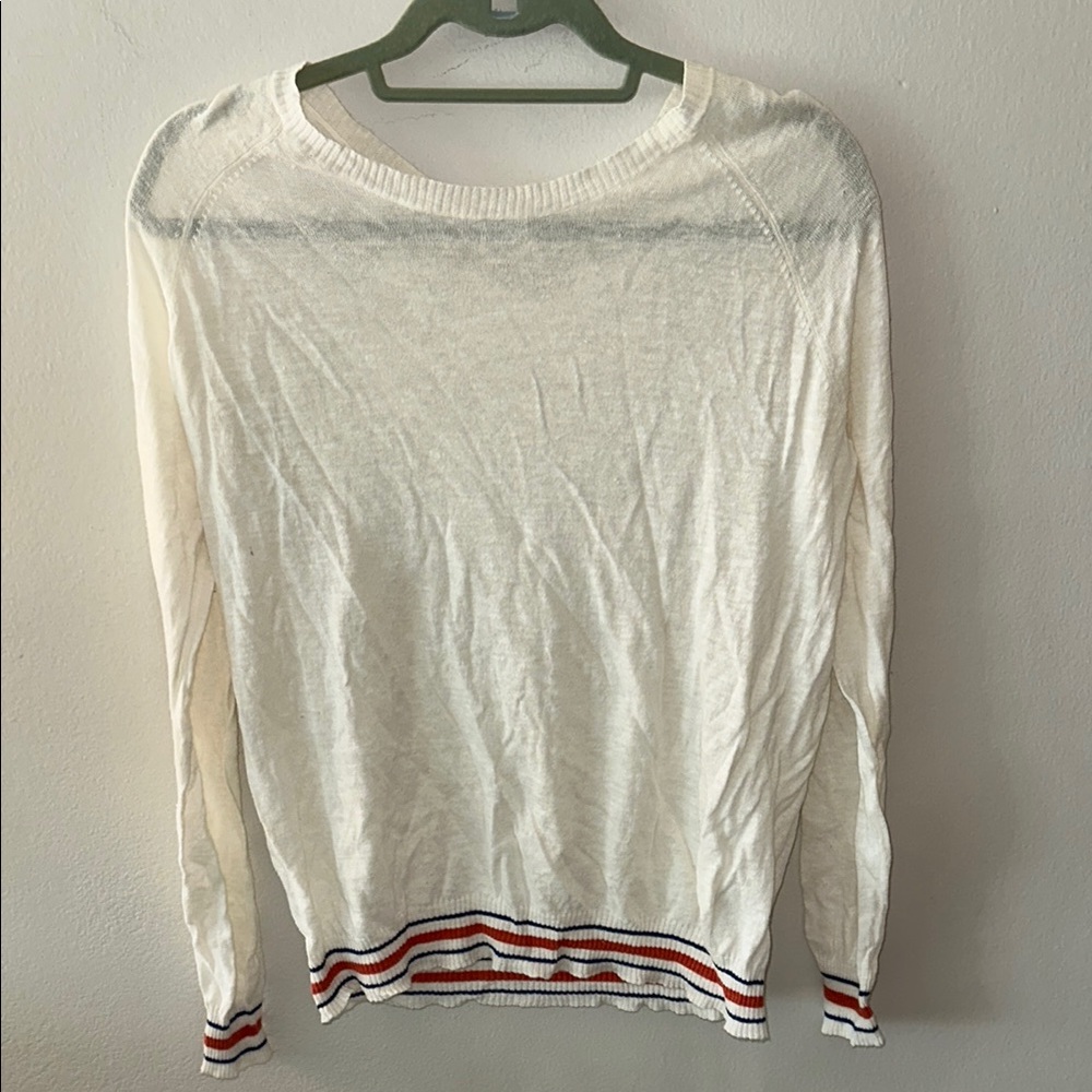 Red and White Crew Neck Sweater with Striped Trim